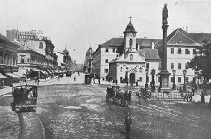 Ezen a képen még lóvasúti forgalom látható a Rókus kápolnánál, a távolban már áll a Keleti pályaudvar épülete
